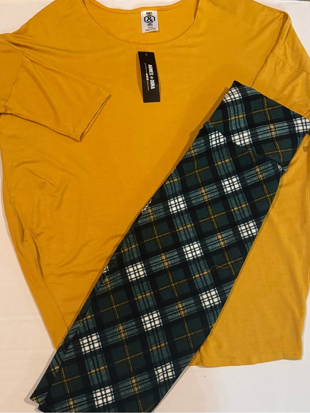 Agnes & Dora Mustard Dolman Tunic with Green & Navy Plaid Pencil Skirt Tartan